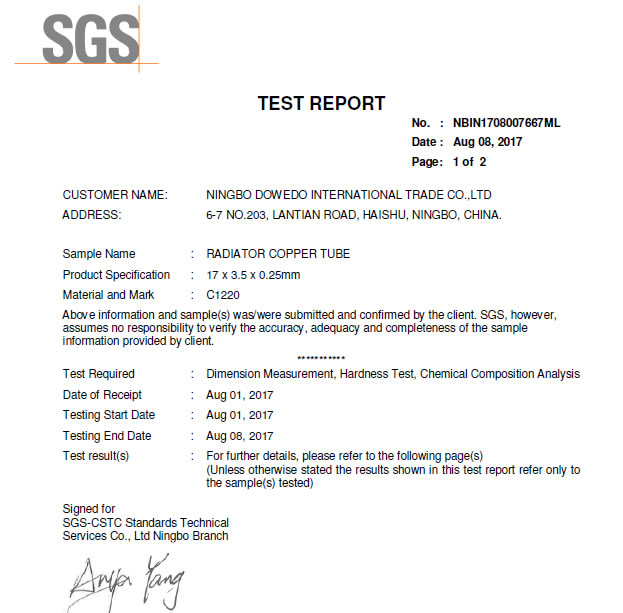 New DoWeDo SGS Cert of Radiator Copper Tube Brass Tubes, Copper Pipes