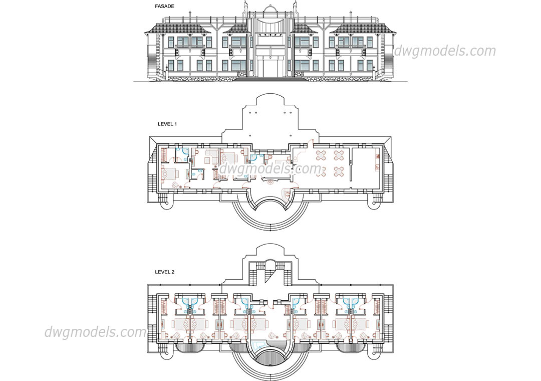Hotel plans and facade AutoCAD drawings, free DWG file