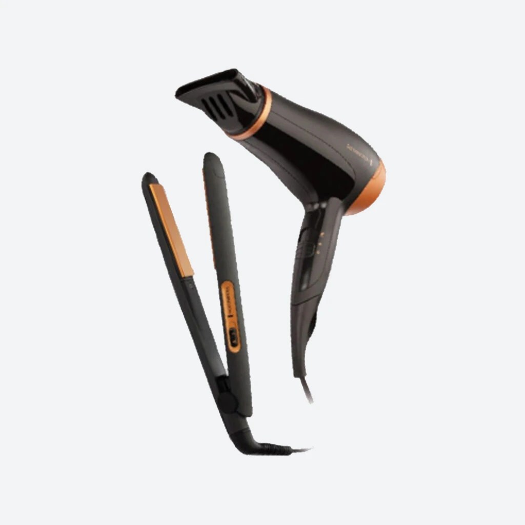 REMINGTON HAIR DRYER REMINGTON HAIR DRYER + STRAIGHTENER GIFT PACK D3012GP BLACK & BRONZE