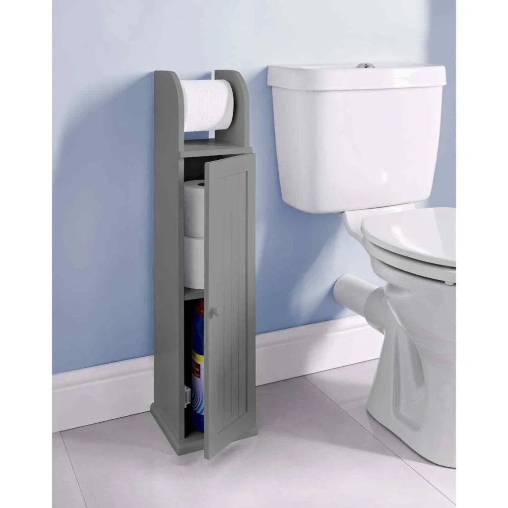 Grey Wood Free Standing Toilet Paper Roll Holder Bathroom Storage