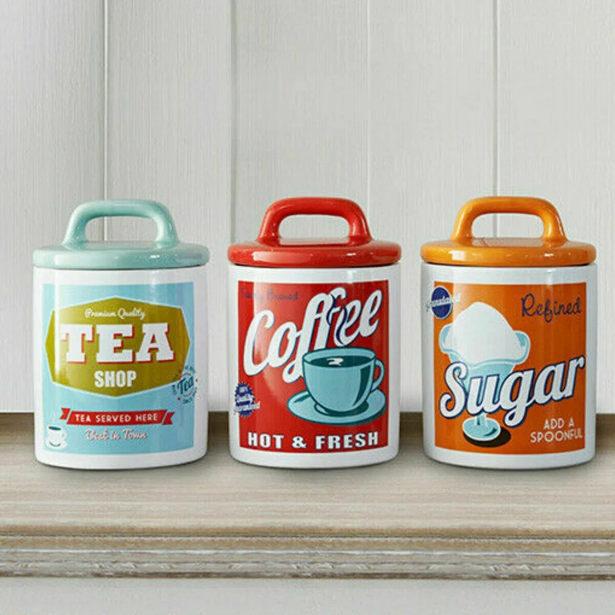 Set of 3 Retro Canister Set Tea Coffee Sugar Storage Jars Dylex