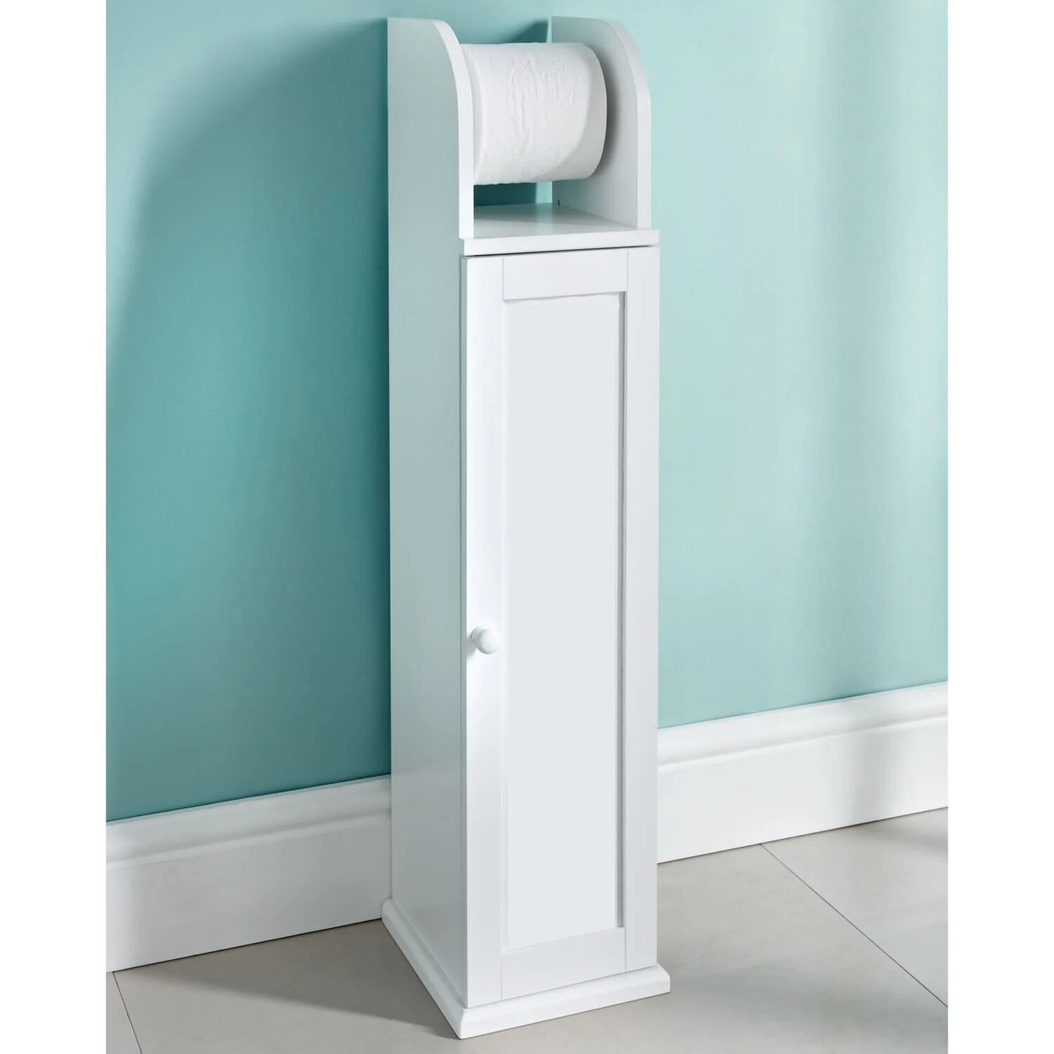 White Wood Free Standing Toilet Paper Roll Holder Bathroom Storage