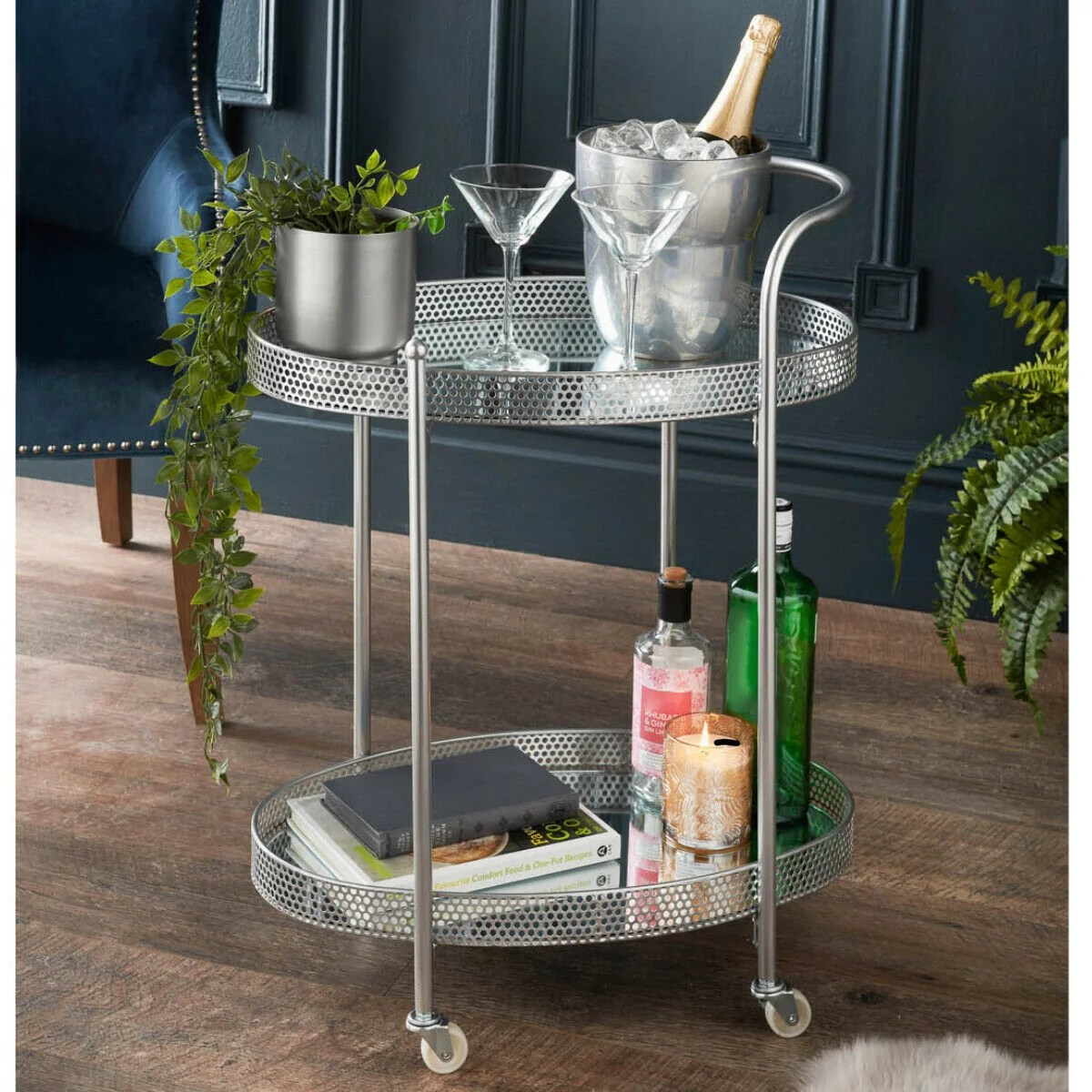 Silver Drinks Trolley Mirror Glass Shelves Bar Cart Drink Table Dylex