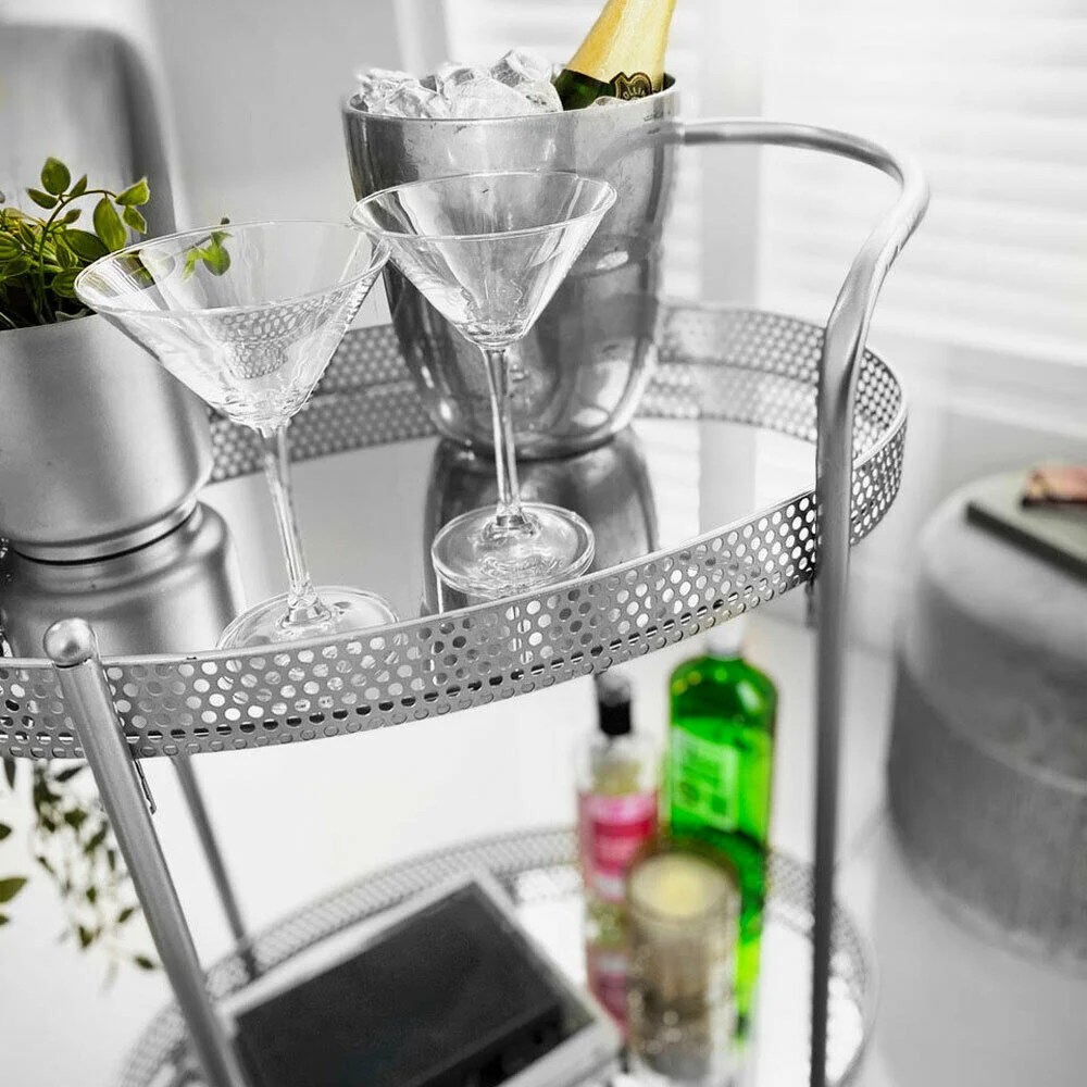 Silver Drinks Trolley Mirror Glass Shelves Bar Cart Drink Table Dylex