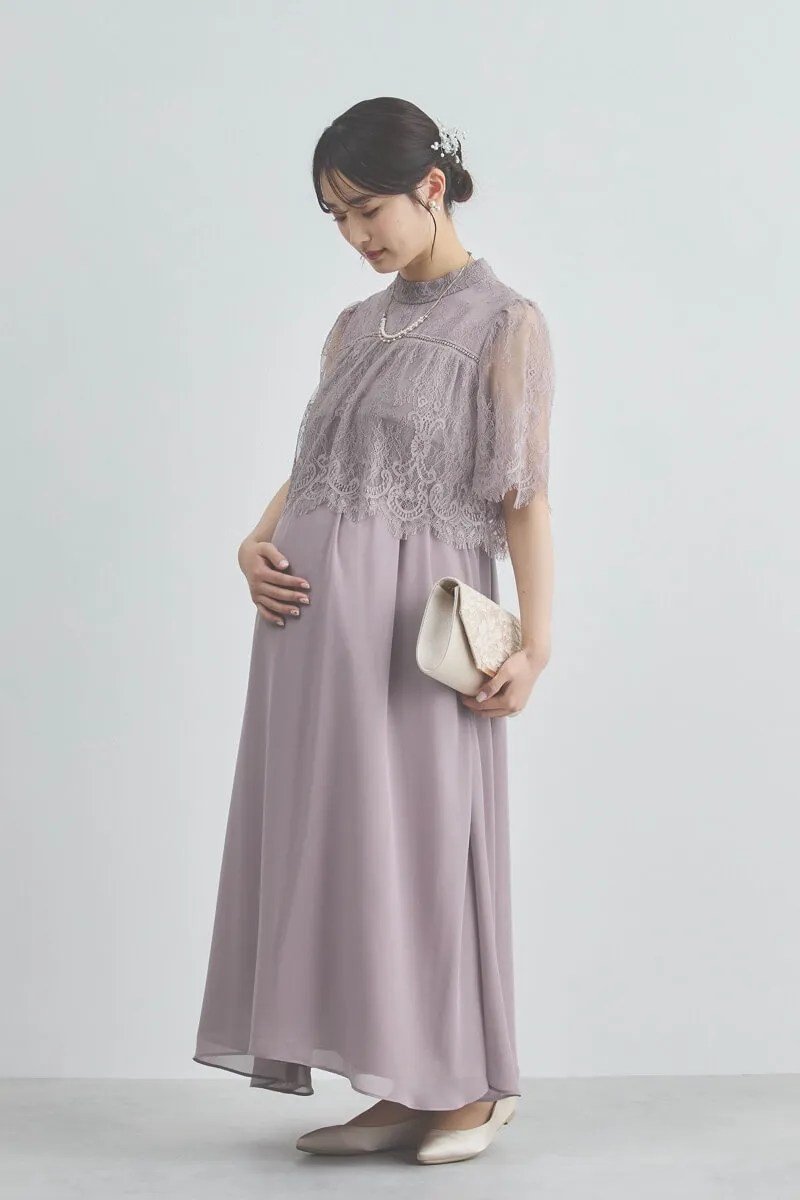 モーヴピンクの授乳口付きハイネックレースドレスのレンタル｜111870｜結婚式パーティーのドレスレンタルはワンピの魔法