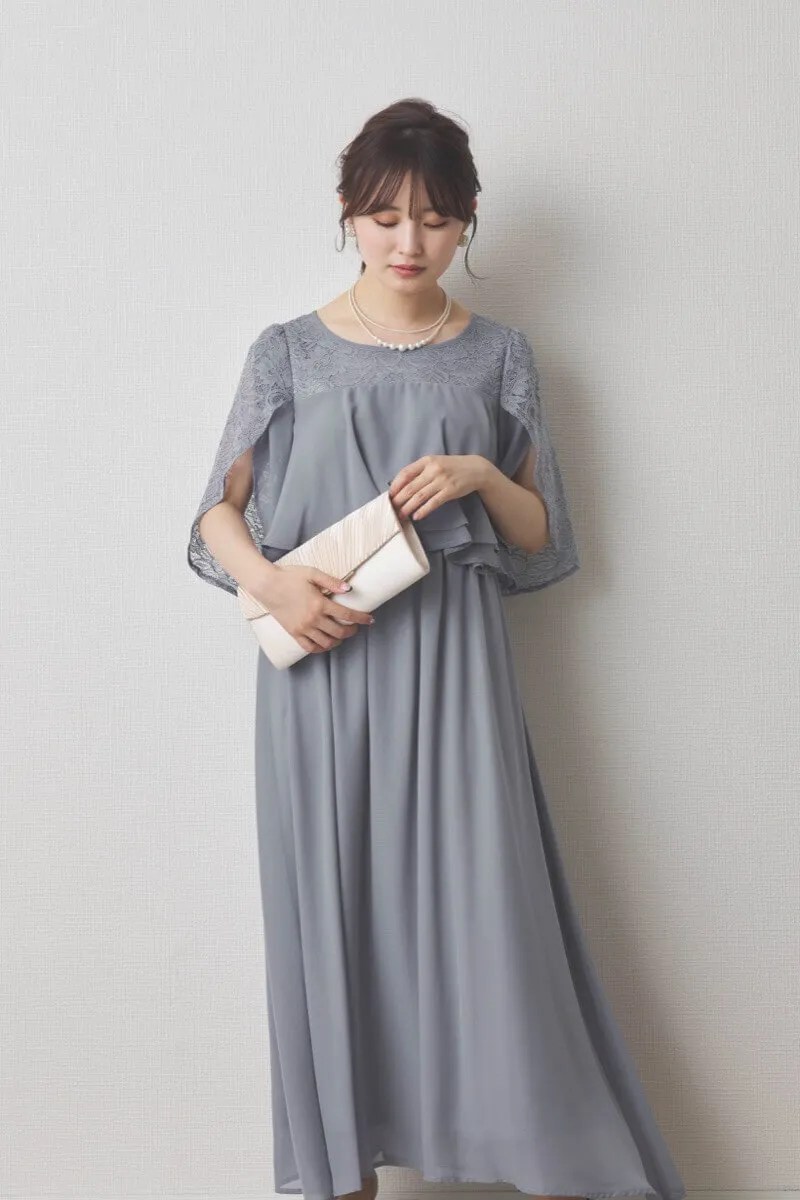 ライトグレーの授乳口付スリットスリーブドレスのレンタル｜111769｜結婚式パーティーのドレスレンタルはワンピの魔法