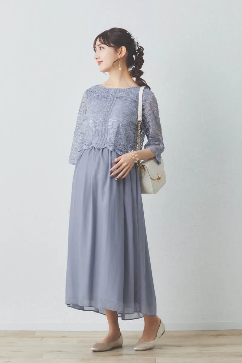 ブルーグレーのレース×シフォンの授乳口付きドレスのレンタル｜111822｜結婚式パーティーのドレスレンタルはワンピの魔法