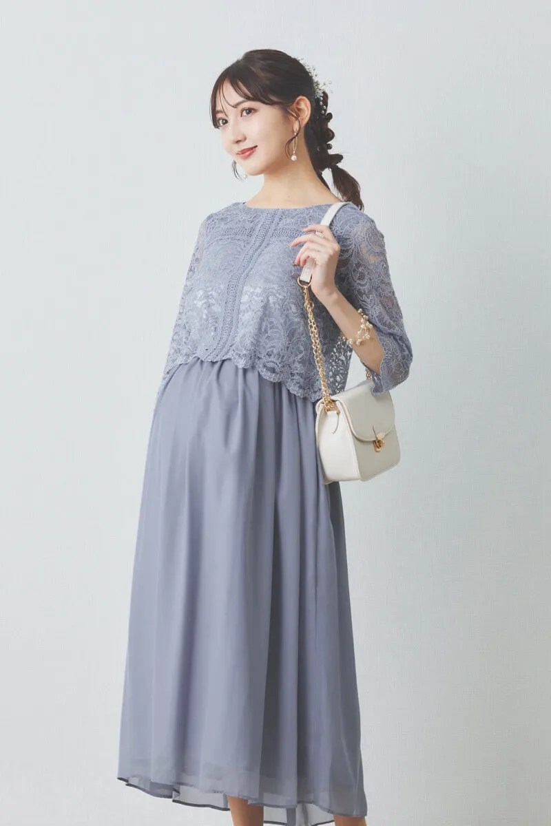 ブルーグレーのレース×シフォンの授乳口付きドレスのレンタル｜111822｜結婚式パーティーのドレスレンタルはワンピの魔法