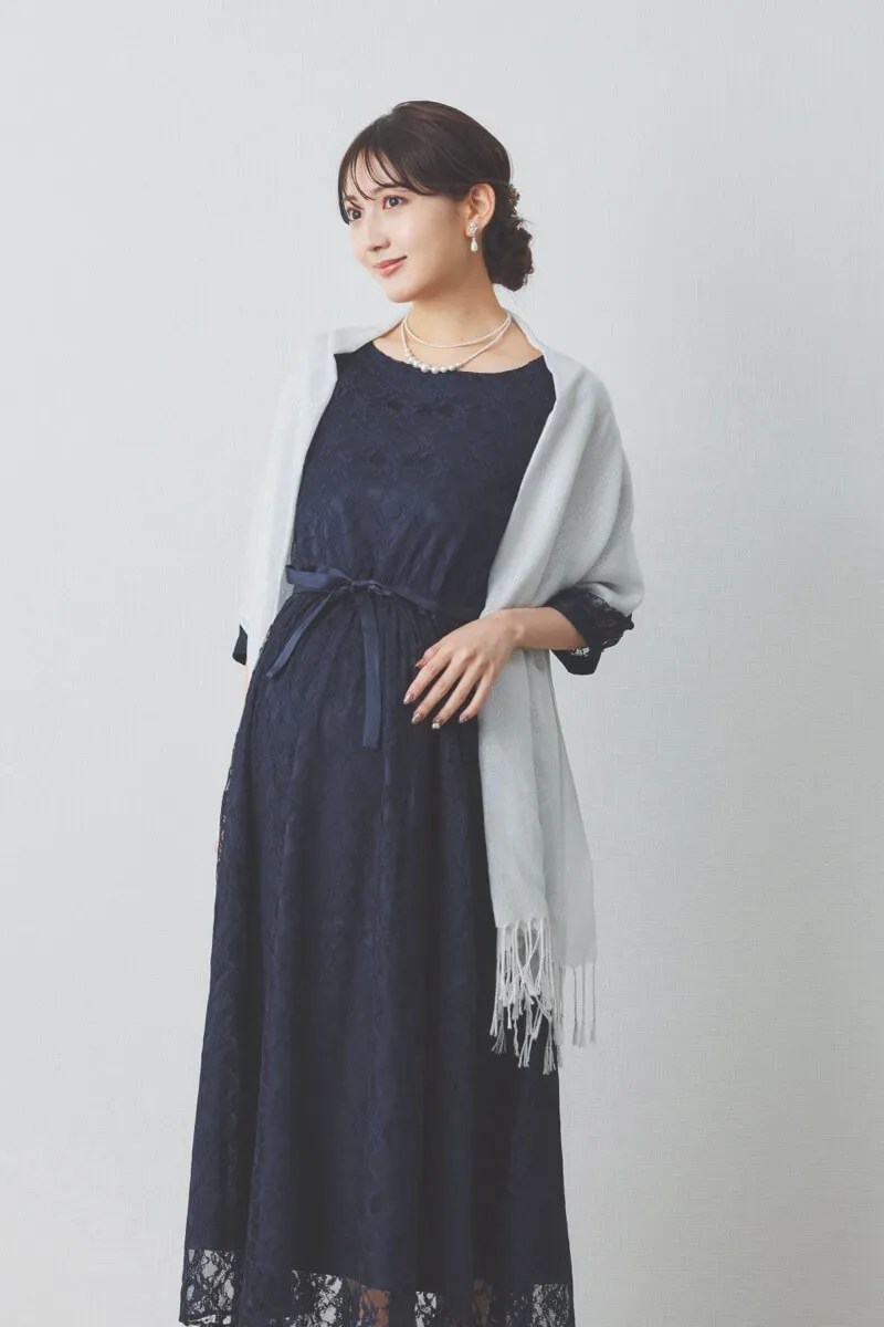 ネイビーの授乳口付き総レースドレスのレンタル｜111825｜結婚式パーティーのドレスレンタルはワンピの魔法