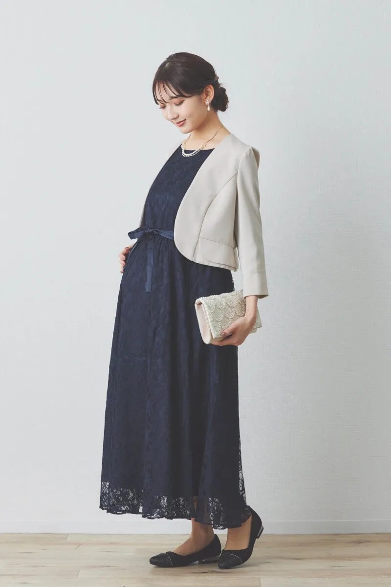 ネイビーの授乳口付き総レースドレスのレンタル｜111825｜結婚式パーティーのドレスレンタルはワンピの魔法