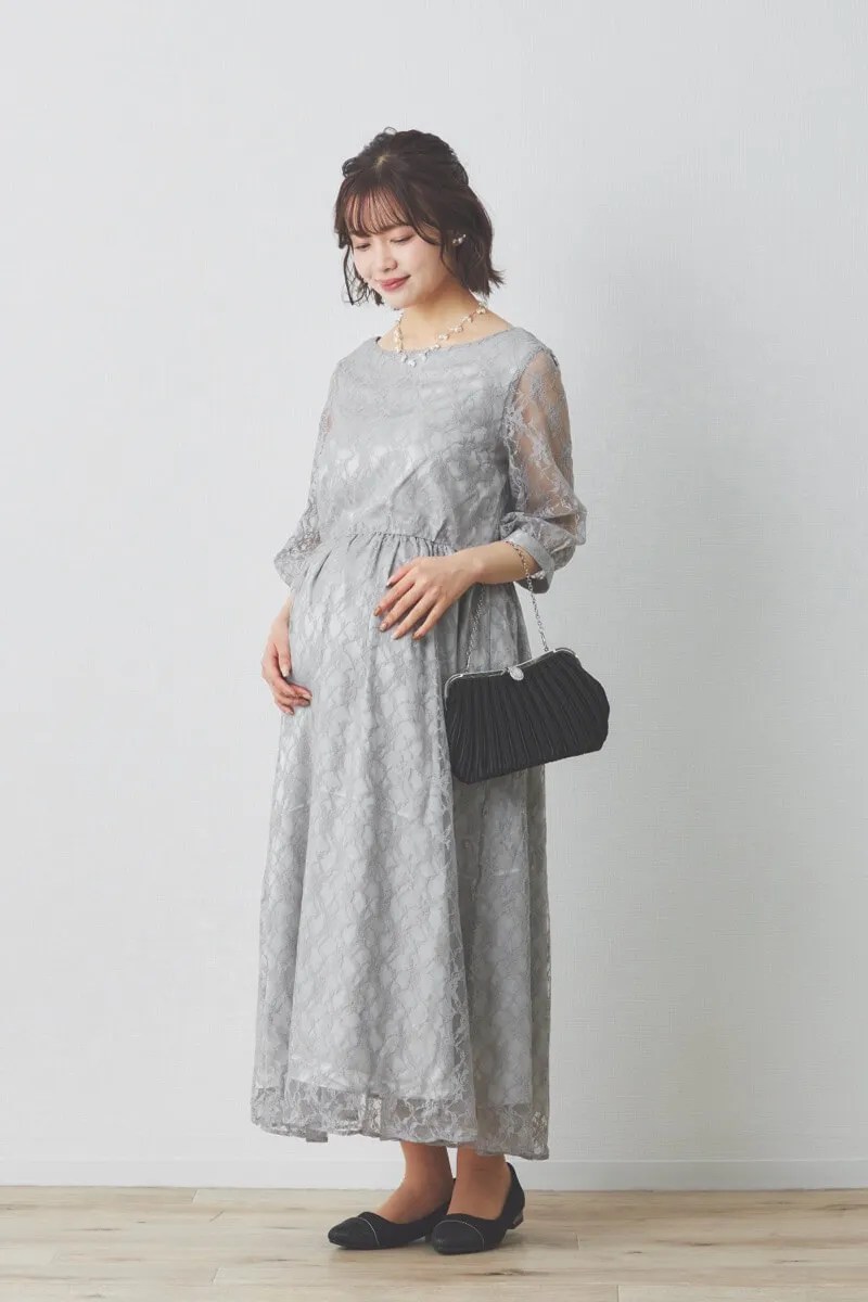 ライトグレーの授乳口付き総レースドレスのレンタル｜111827｜結婚式パーティーのドレスレンタルはワンピの魔法