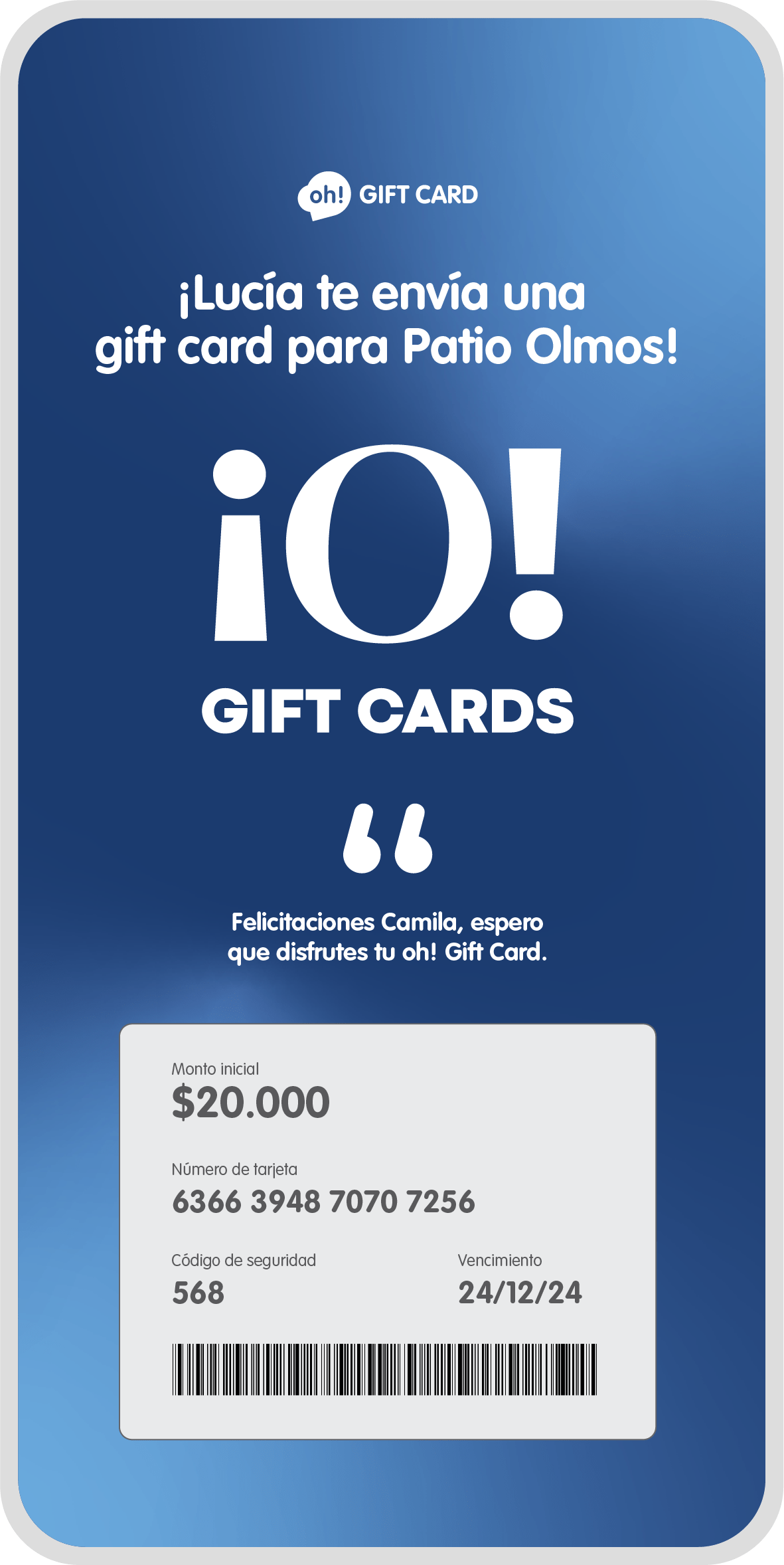 Patio Olmos White Label oh! Gift Card