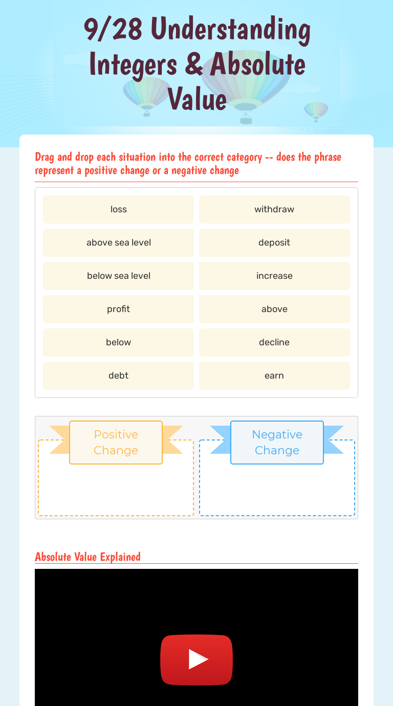 9/28 Understanding Integers & Absolute Value | Interactive Worksheet by
