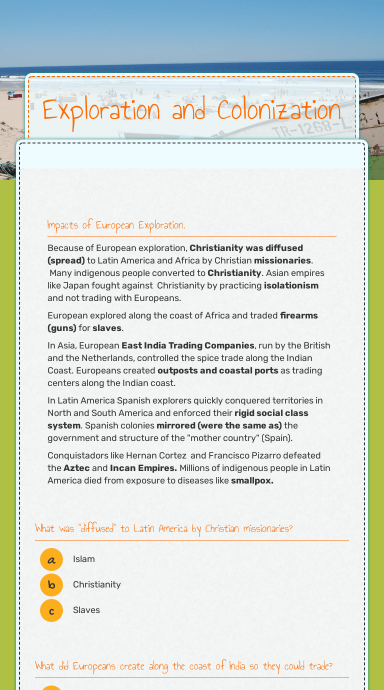 Exploration and Colonization Interactive Worksheet by Jessica Dvorshak Wizer.me