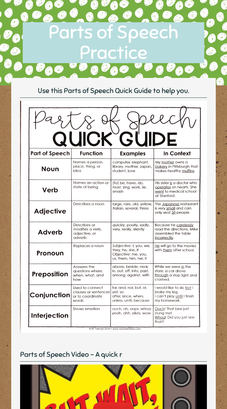 Parts of Speech Practice Interactive Worksheet by Judy Britton Wizer.me