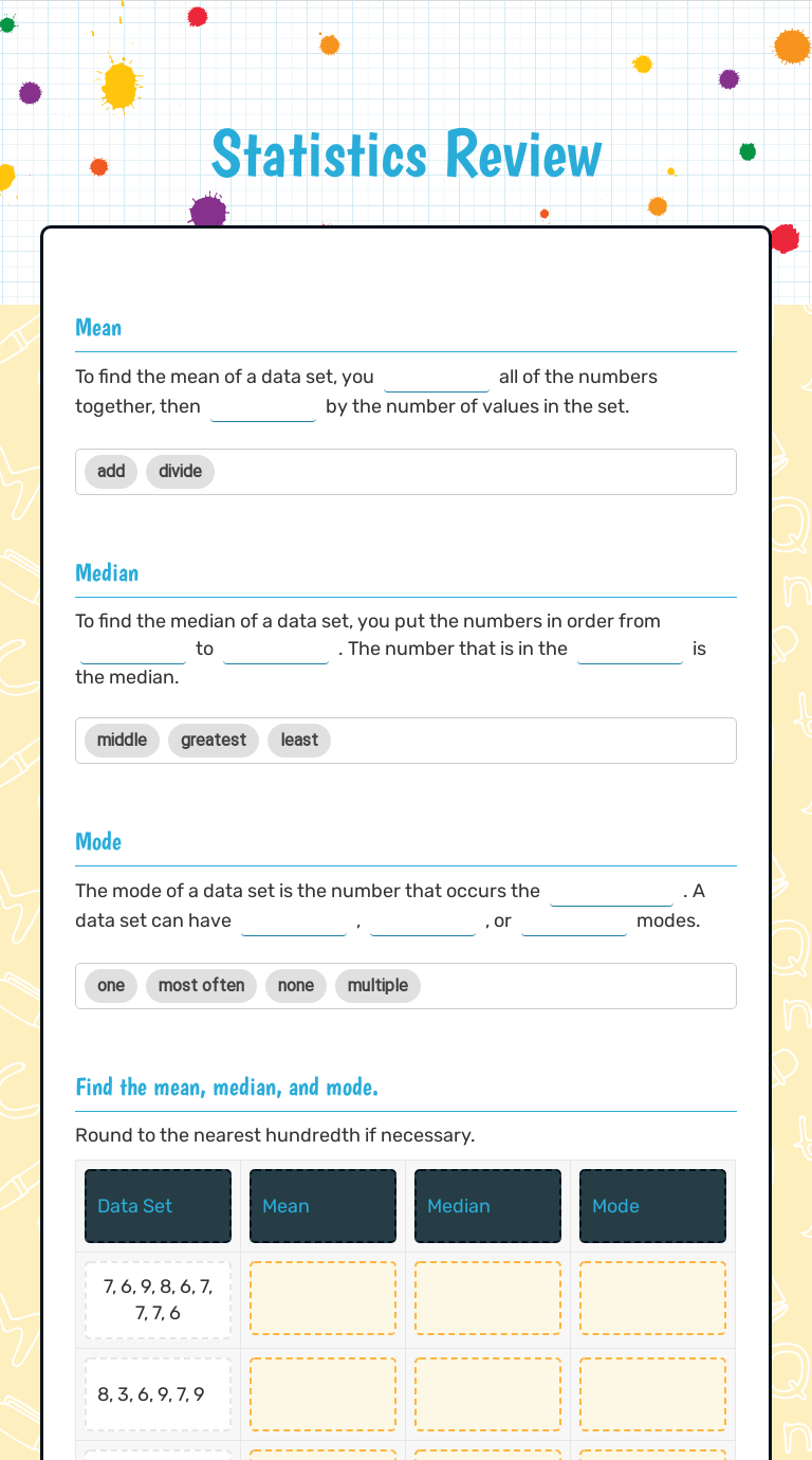 Statistics Review Interactive Worksheet by Sarah Crawford Wizer.me