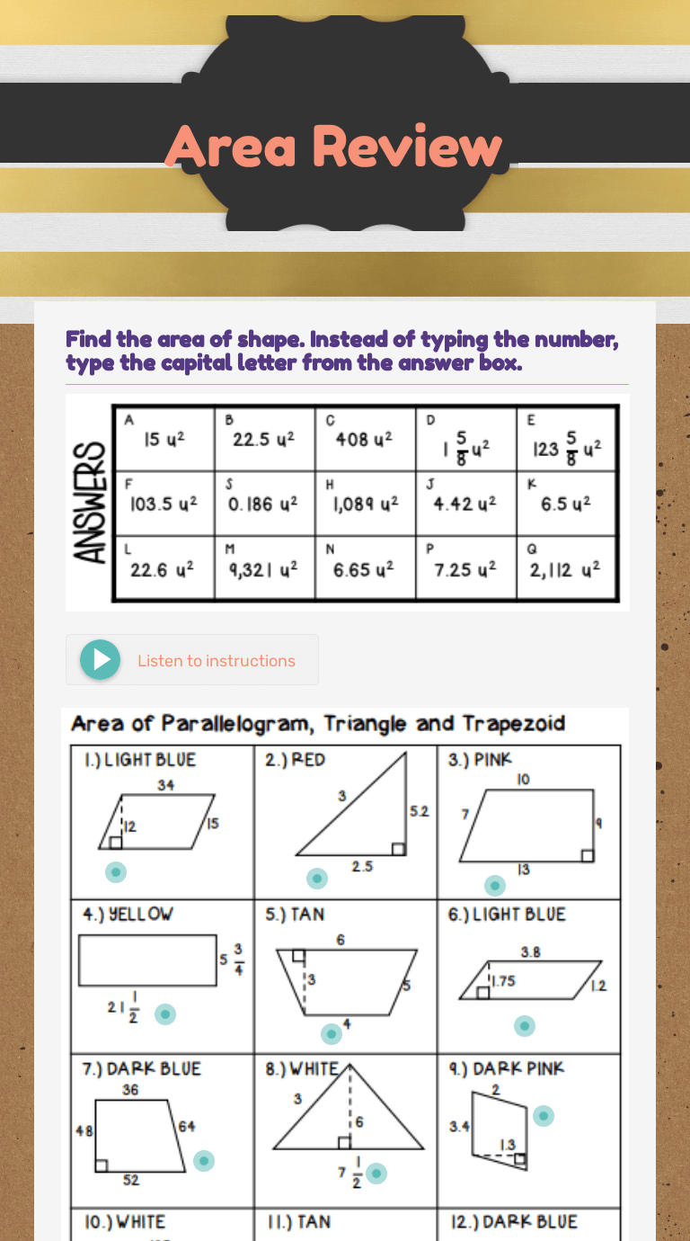Area Review | Interactive Worksheet by Michele Kelly | Wizer.me