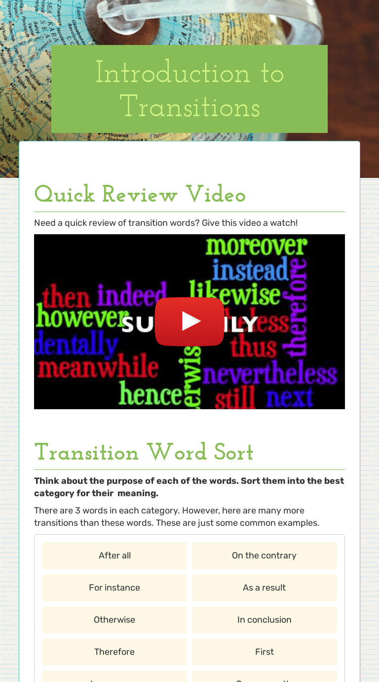Introduction to Transitions Interactive Worksheet by Megan Moore Wizer.me