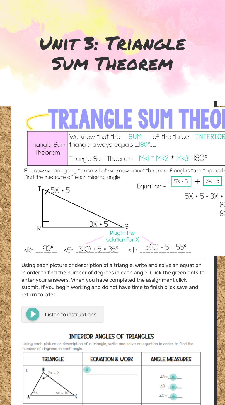 Unit 3 Triangle Sum Theorem Interactive Worksheet by Ashley