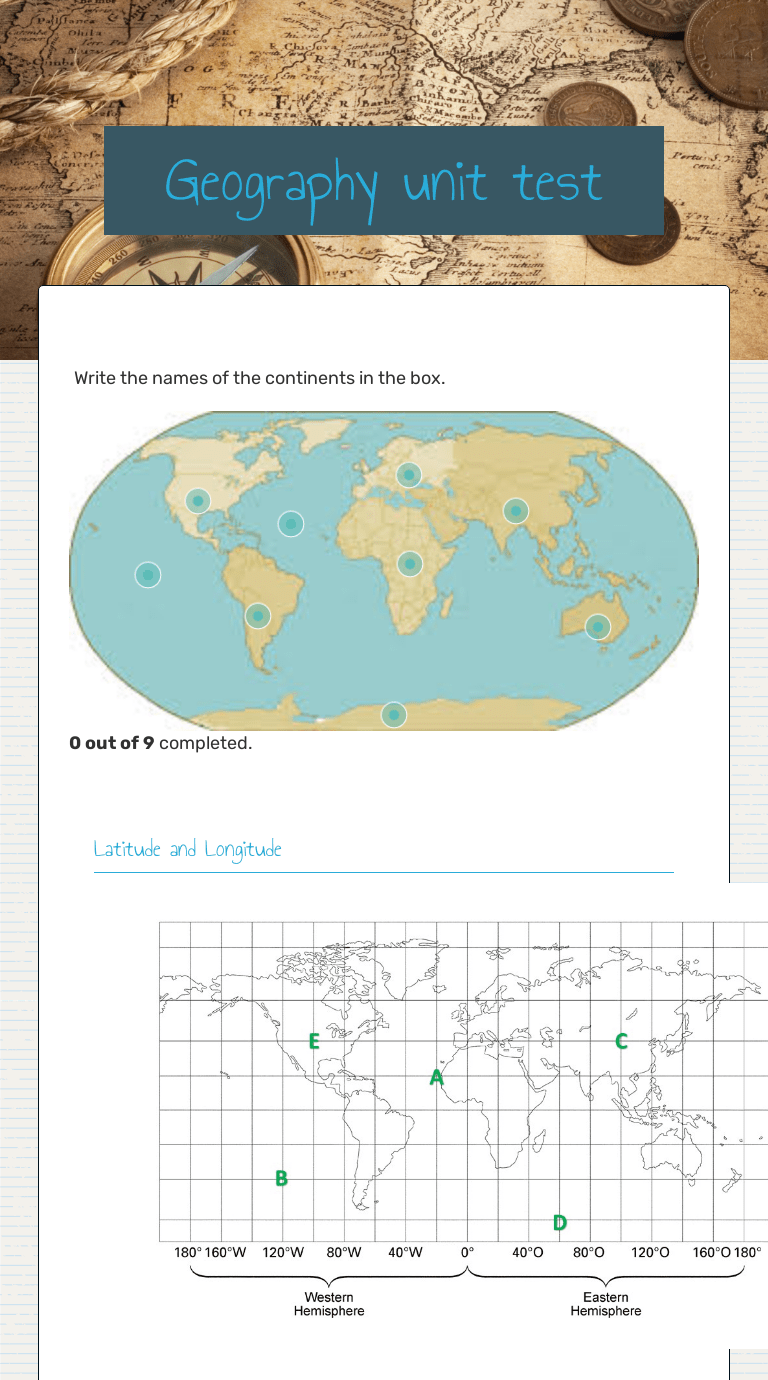 Geography unit test Interactive Worksheet by Beth Chavoustie Wizer.me
