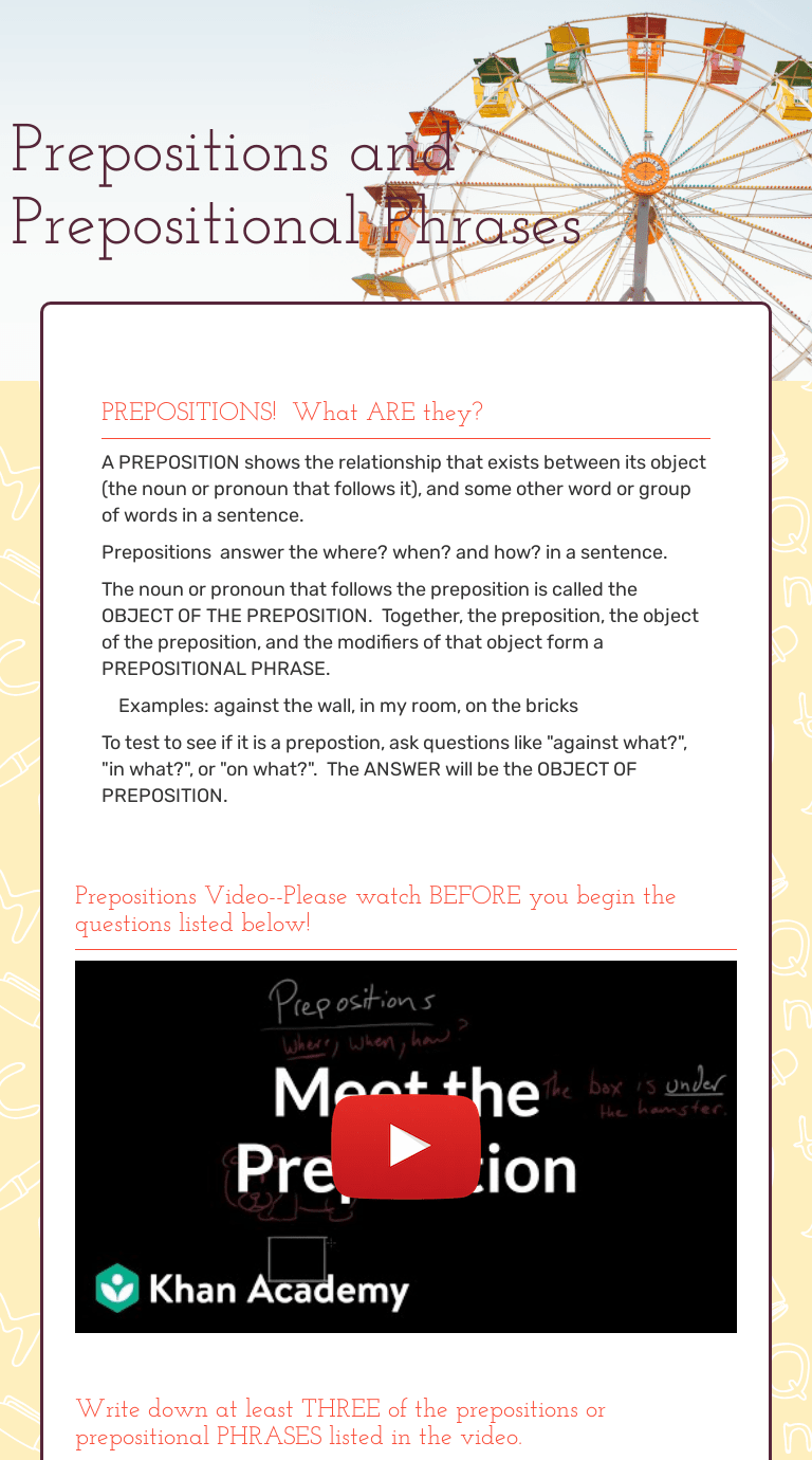 Prepositions And Prepositional Phrases | Interactive Worksheet By Aimee Gallert | Wizer.me