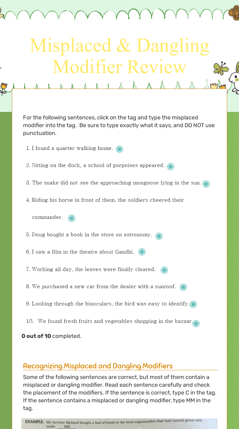 Misplaced & Dangling Modifier Review | Interactive Worksheet by Megan