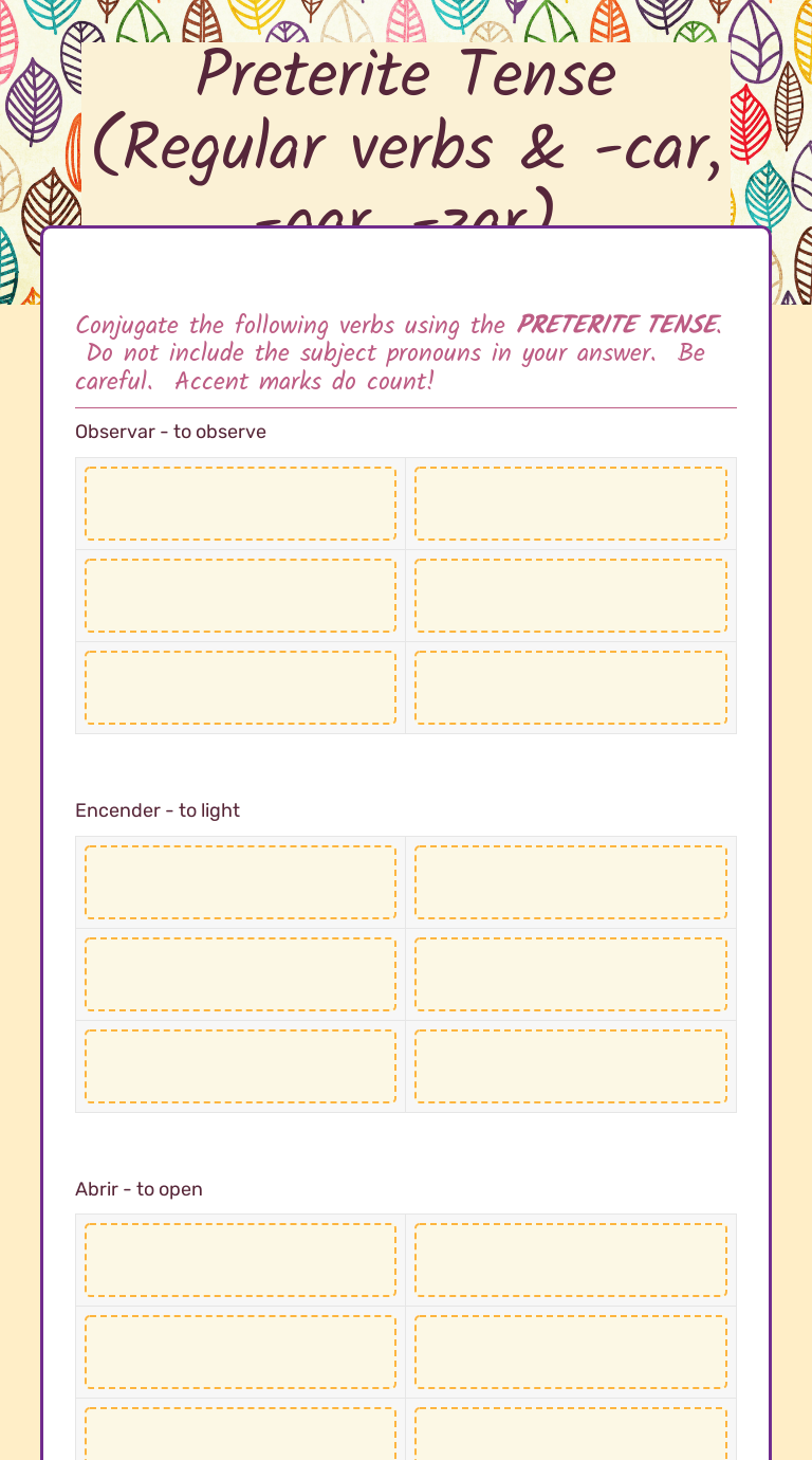 Preterite Tense (Regular verbs & car, gar, zar) Interactive
