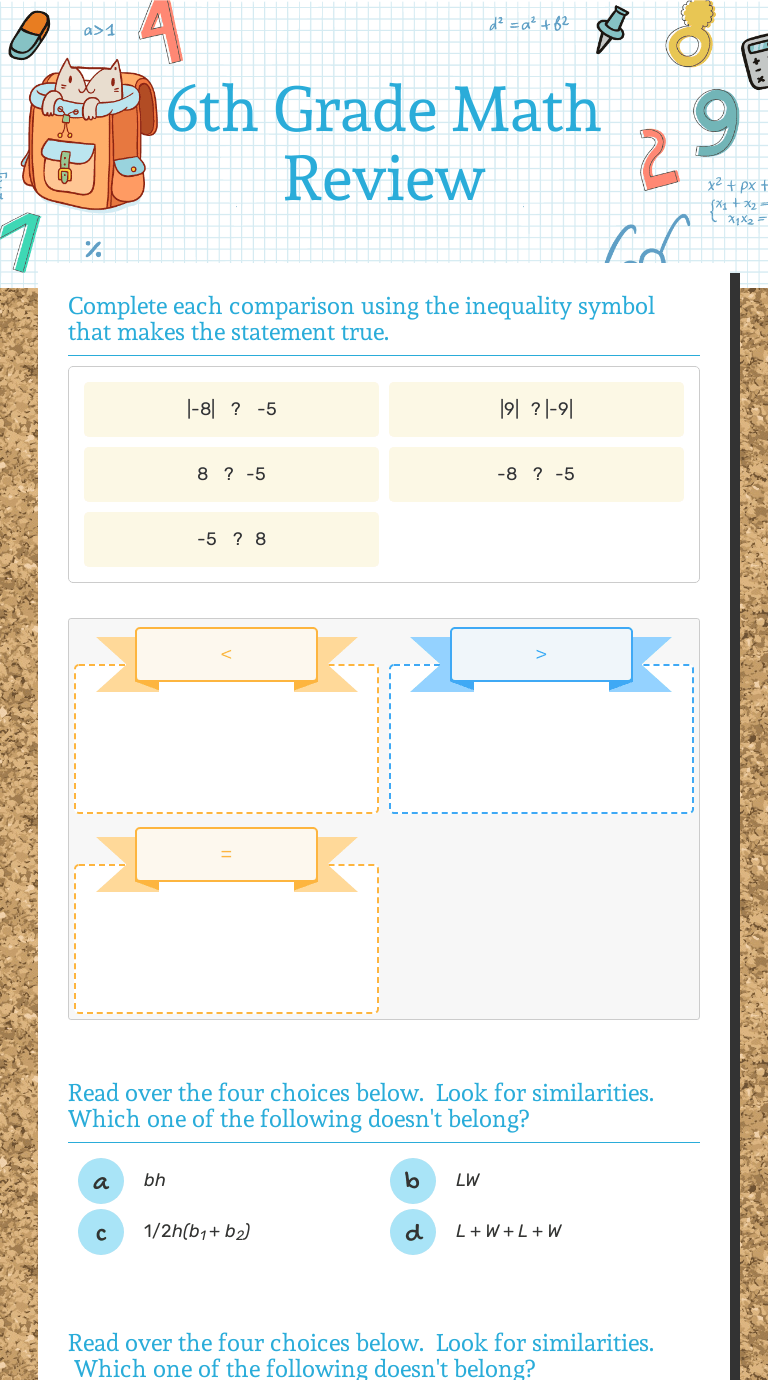 6th Grade Math Review Interactive Worksheet by LAURIE ZARING Wizer.me