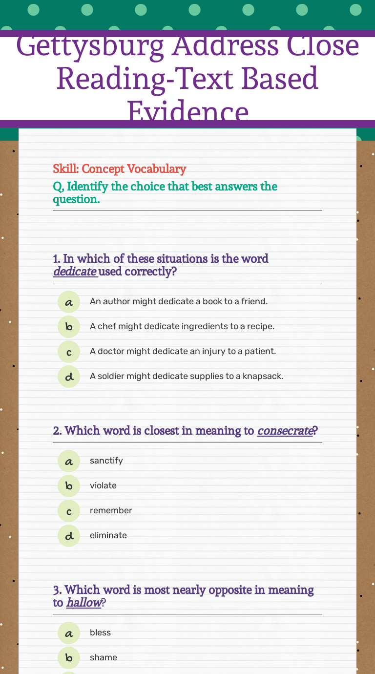 Gettysburg Address Close ReadingText Based Evidence Interactive