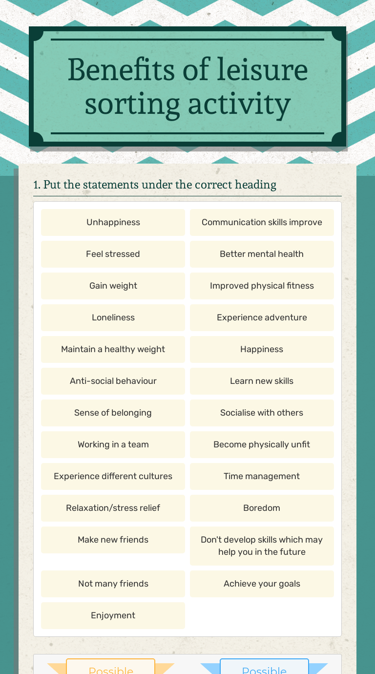 Benefits of leisure sorting activity Interactive Worksheet by Louise