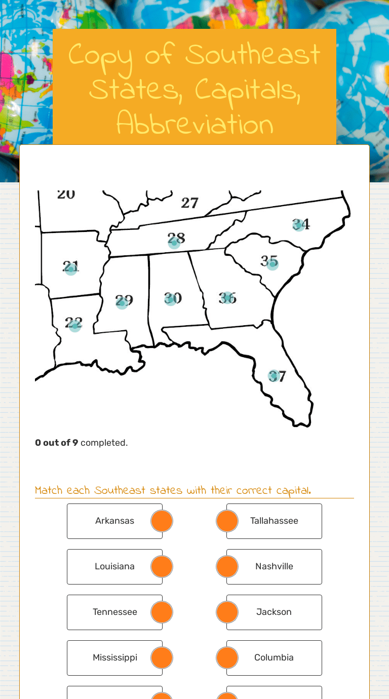 Copy of Southeast States, Capitals, Abbreviation Interactive