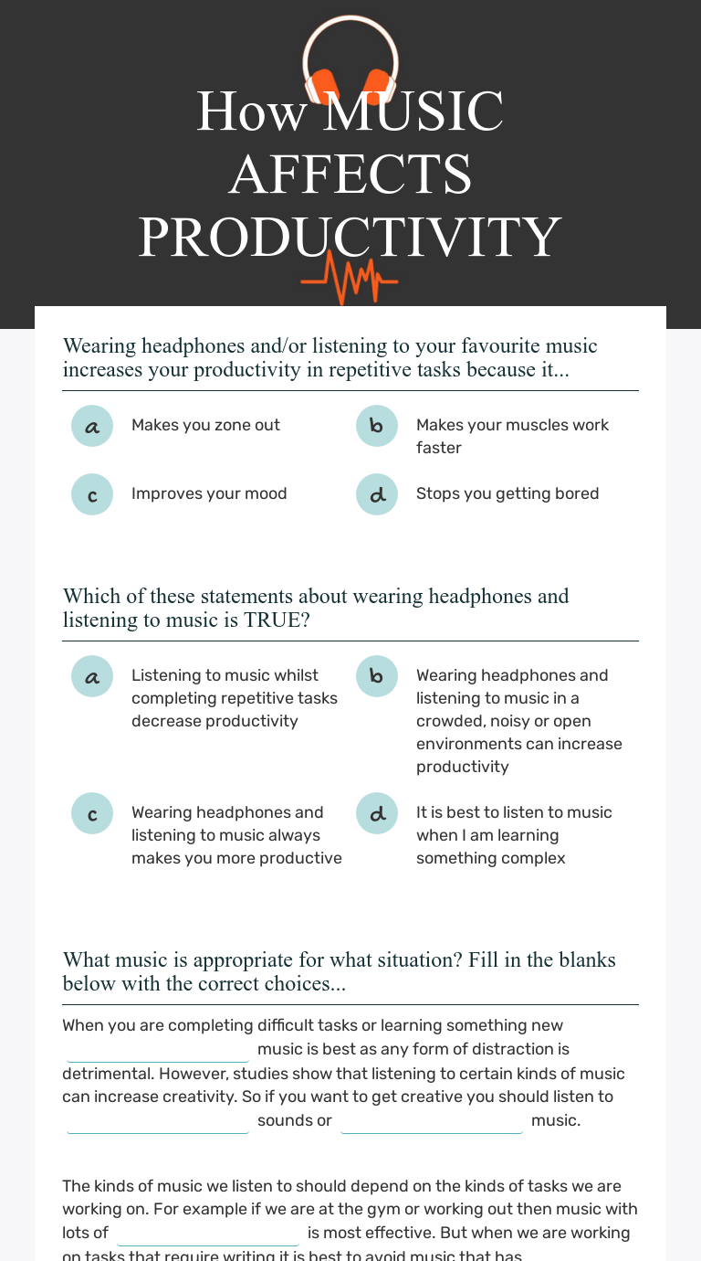 How MUSIC AFFECTS PRODUCTIVITY Interactive Worksheet by Jonathan