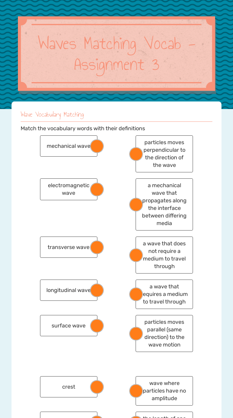 Waves Matching Vocab - Assignment 3 | Interactive Worksheet by Sara