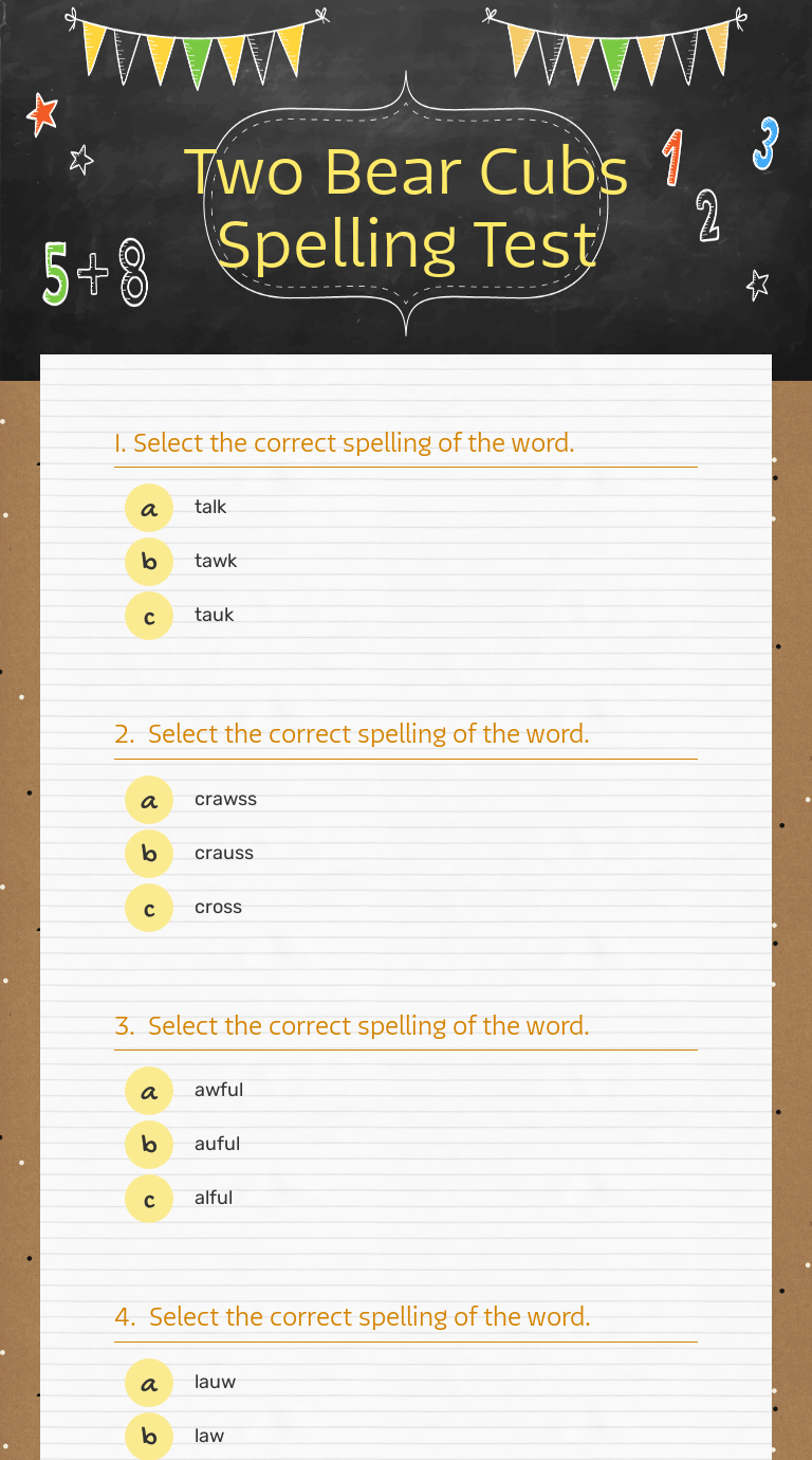Two Bear Cubs Spelling Test Interactive Worksheet by Crystal Thompson