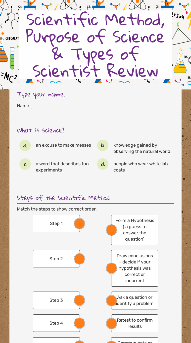 Scientific Method, Purpose of Science & Types of Scientist Review Interactive Worksheet by