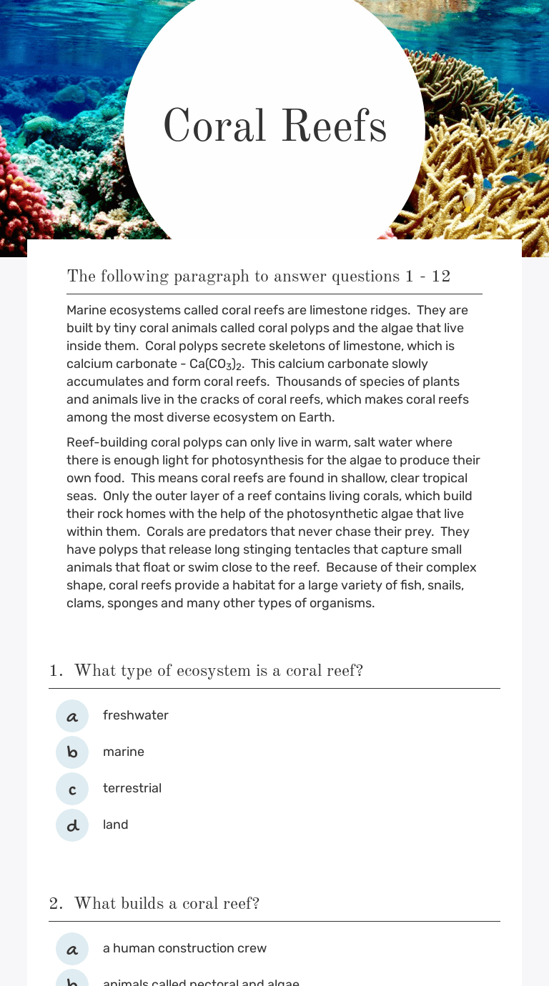 Coral Reefs Worksheet Answers