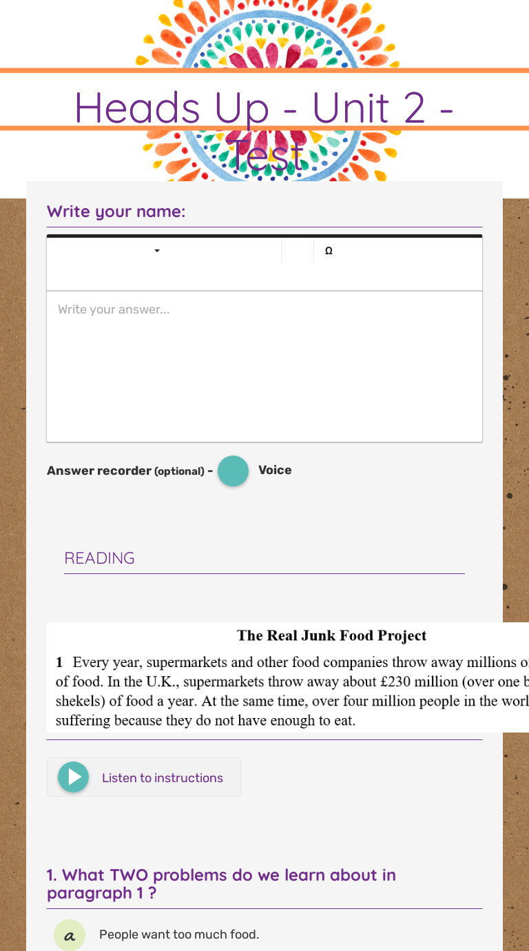 Heads Up Unit 2 Test Interactive Worksheet by Michal Azoulay