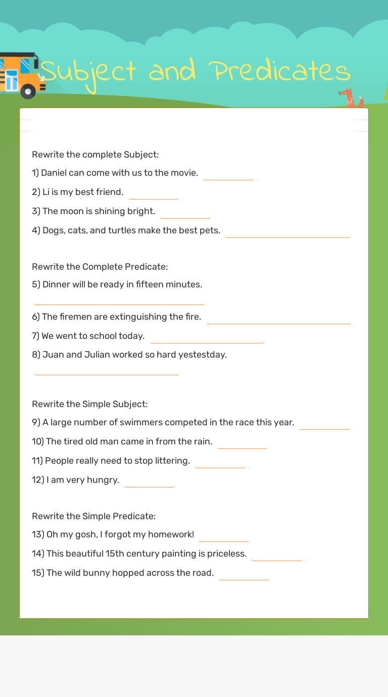 Subject and Predicates Interactive Worksheet by Shanu