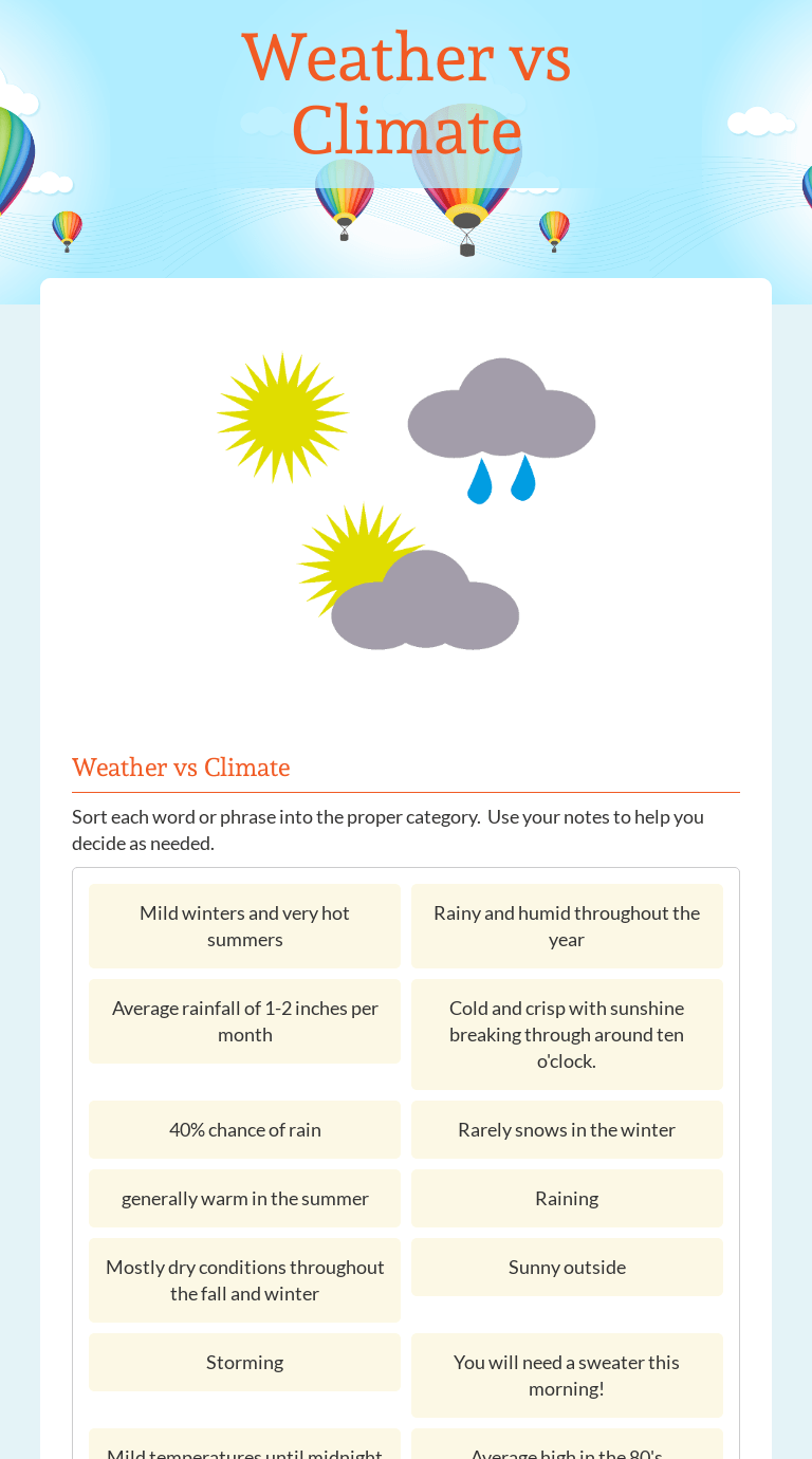 Weather vs Climate | Interactive Worksheet by Denise Ridgway | Wizer.me