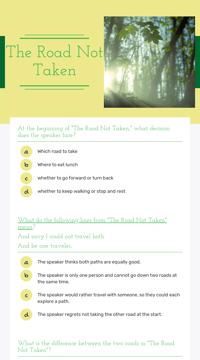 The Road Not Taken | Interactive Worksheet by merav mosh | Wizer.me
