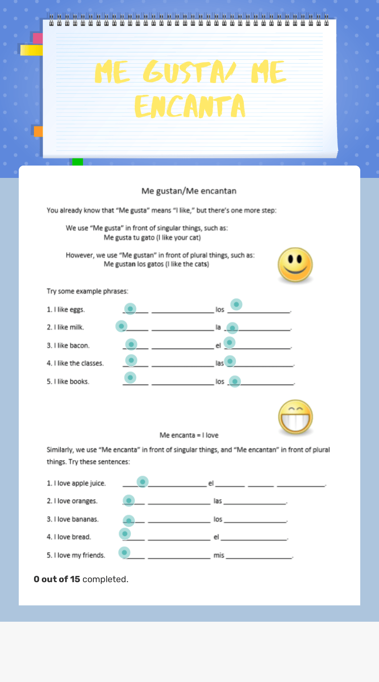 Me gusta/ Me encanta Interactive Worksheet by Mackenzie Eicher Wizer.me