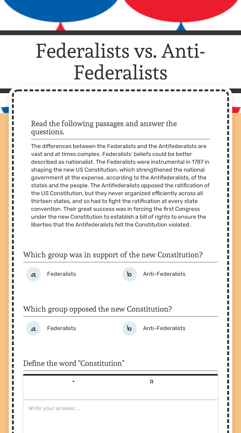 Federalists vs. Anti-Federalists | Interactive Worksheet by Anthony