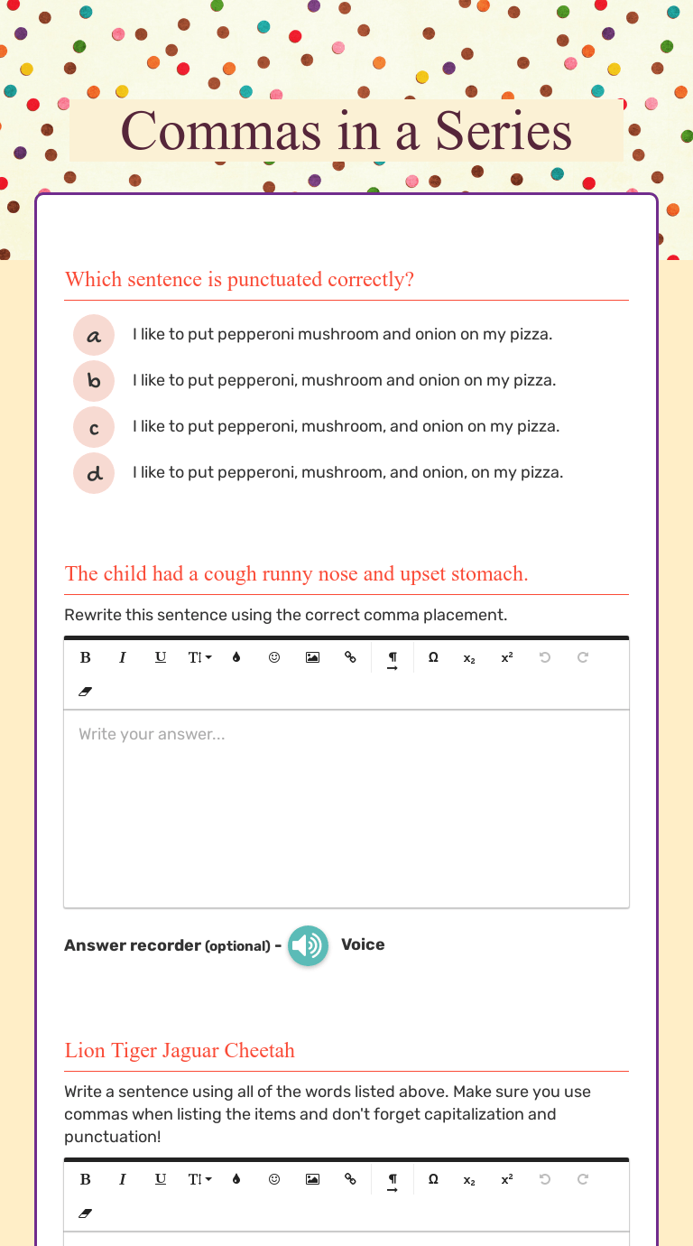 Commas in a Series Interactive Worksheet by Stacy Marshall Wizer.me