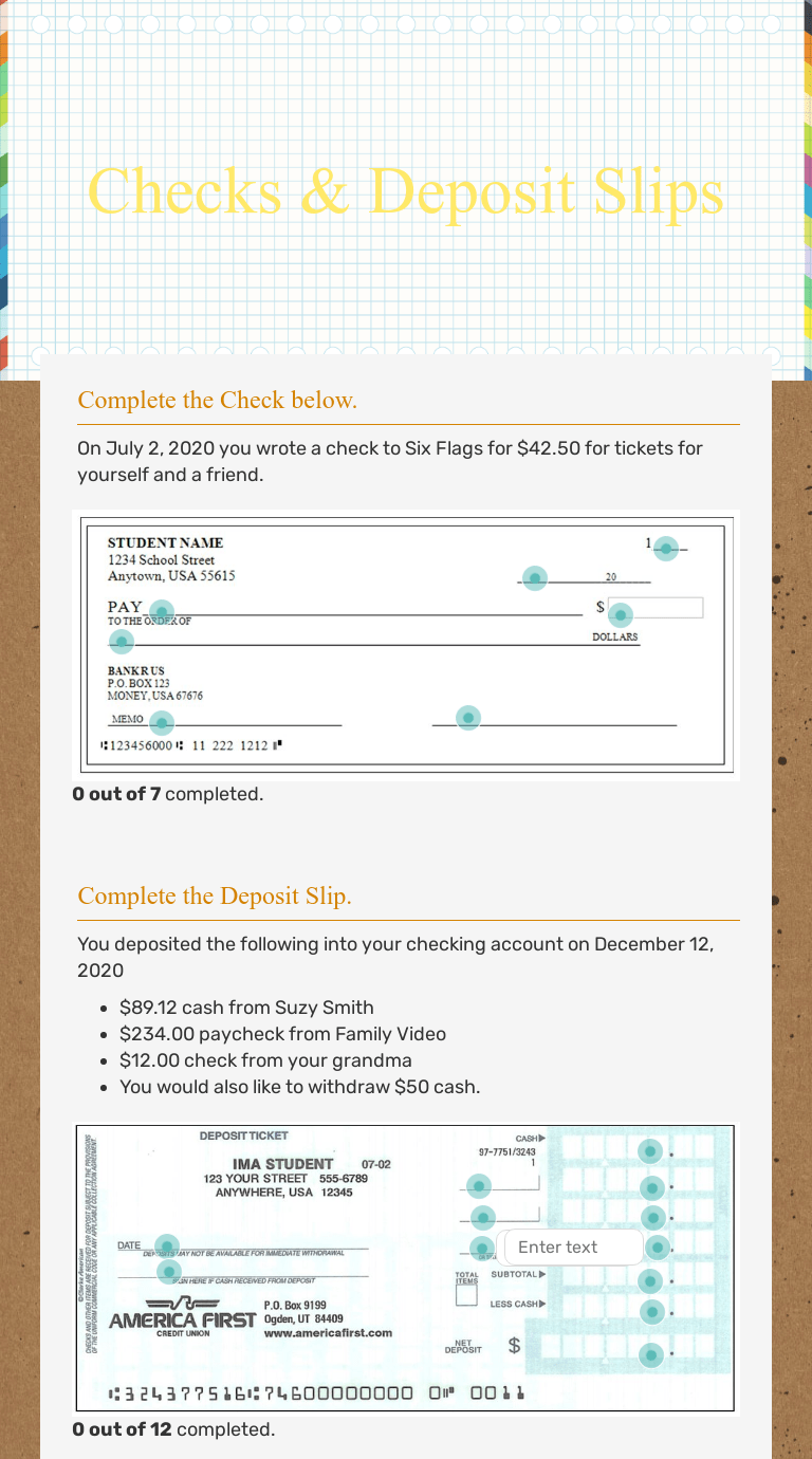 Checks & Deposit Slips Interactive Worksheet by Nichole Zimmerman
