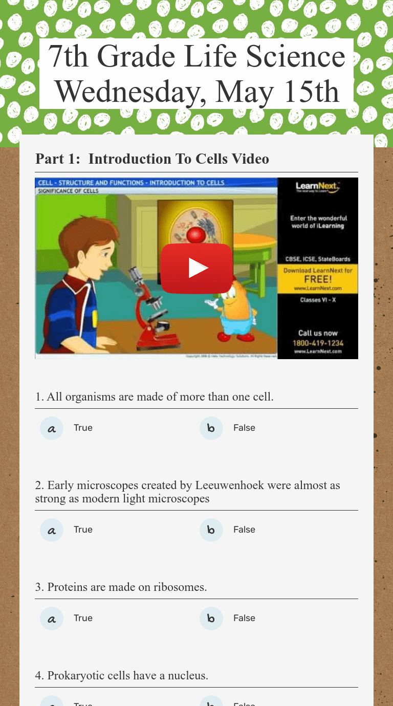 7th Grade Life Science Wednesday, May 15th Interactive Worksheet by