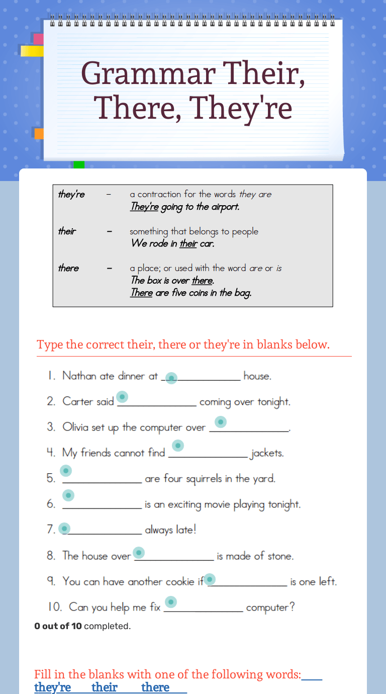 Grammar Their, There, They're | Interactive Worksheet by Melissa Potts