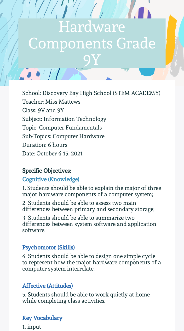 Hardware Components Grade 9Y Interactive Worksheet by Judine Mattews