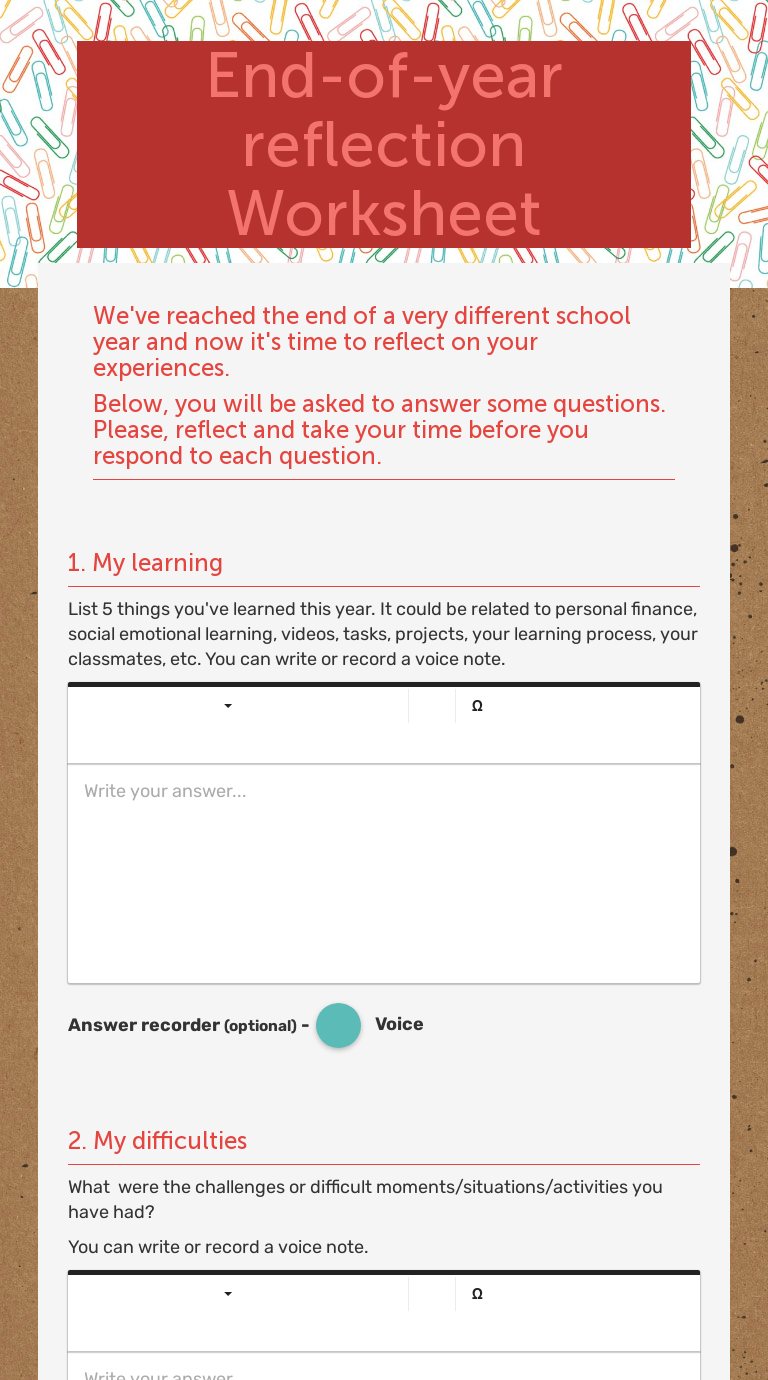 End-of-year reflection Worksheet | Interactive Worksheet by Sidney McKelvey | Wizer.me