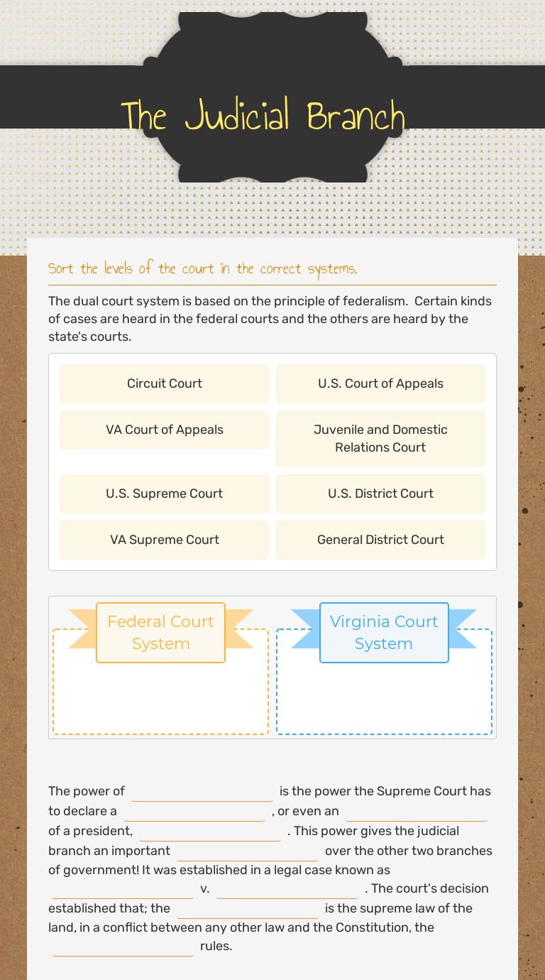 The Judicial Branch Interactive Worksheet by Amy Benjamin Wizer.me
