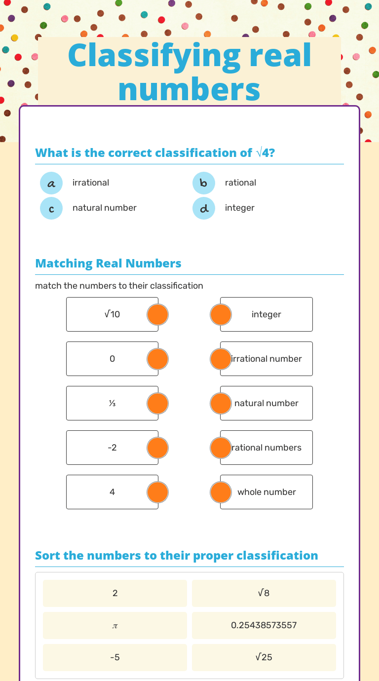 Classifying Real Numbers Worksheet